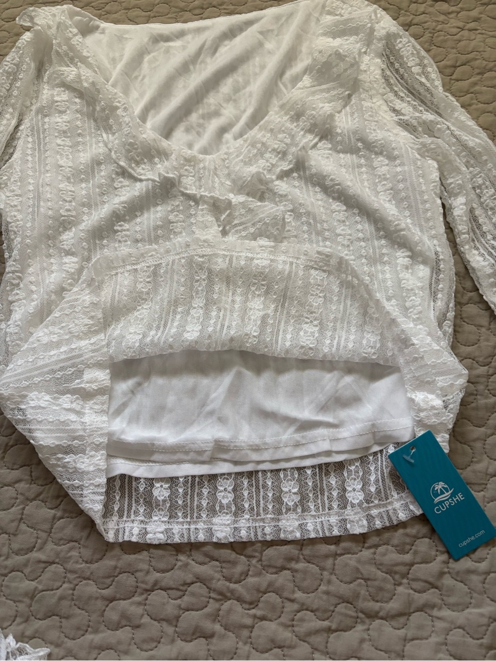 Cupshe White Ruffled V-Neck Sheer Knit Blouse - Picture 7 of 10